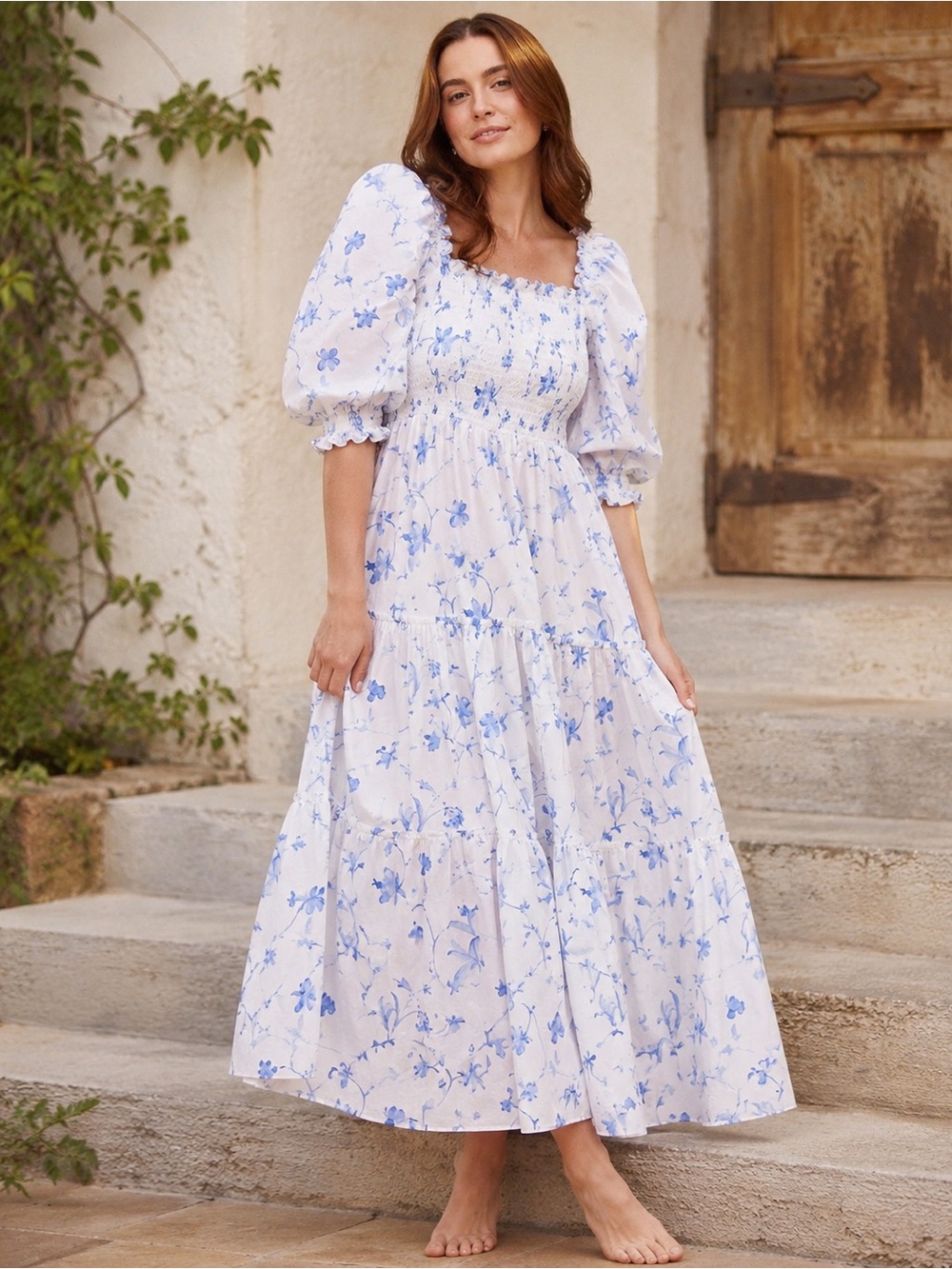 Hill House Nesli Midi Nap Dress in Blue Watercolor Botanical Puff Sleeve Tiered